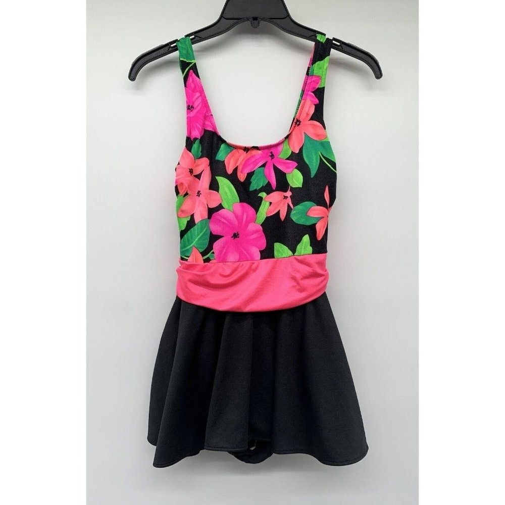 Vtg BASIC EDITIONS 80s 90s Pink Tropical‎ Floral ONE-PIECE SWIM Dress 11/12